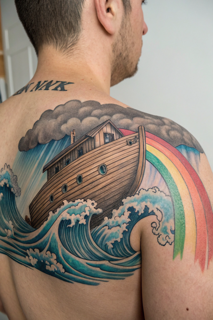 Biblical Art Tattoos Ideas: 8. The Ark of Noah with a Rainbow Overhead