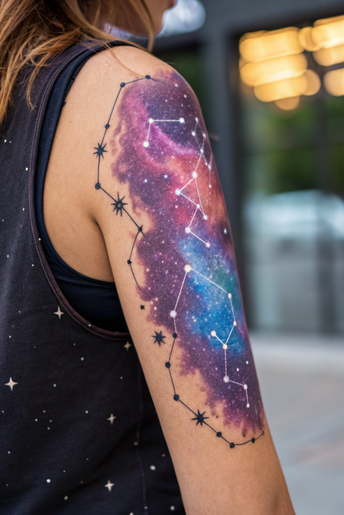 Half Arm Sleeve Tattoos Ideas: Celestial Nebula with Constellations