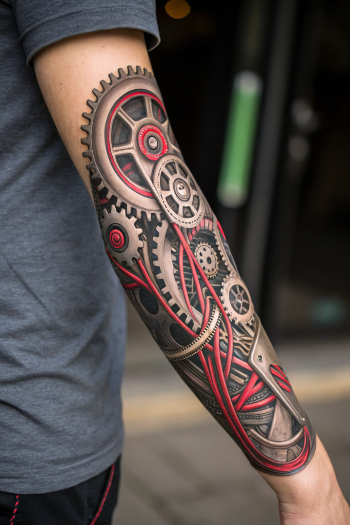 Half Arm Sleeve Tattoos Ideas: Mechanical Biomechanical Fusion