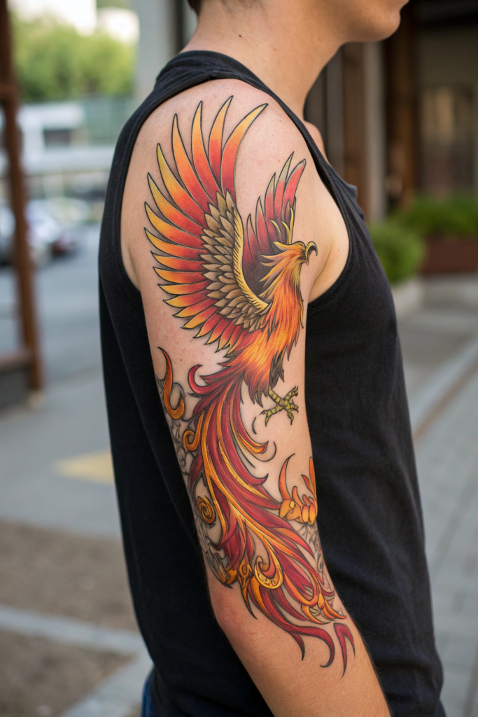 Half Arm Sleeve Tattoos Ideas: Mythical Phoenix Rising from Ashes