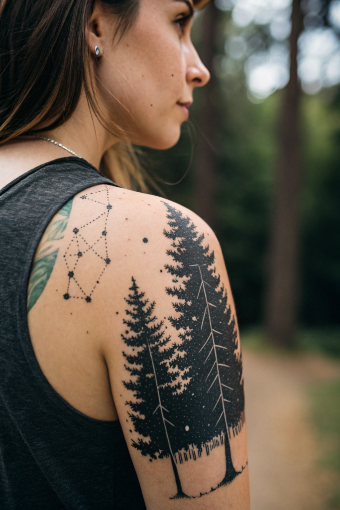 Wilderness Tattoo ideas for women: Celestial Forest Silhouette