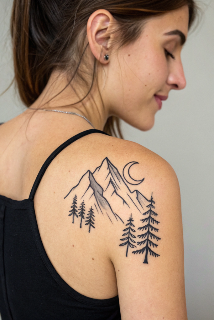 Wilderness Tattoo ideas for women: Mountain Range with a Hidden Wolf