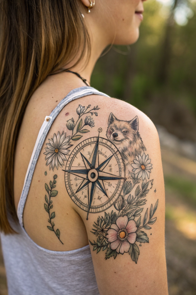 Wilderness Tattoo ideas for women: Floral Compass with Animal Totems