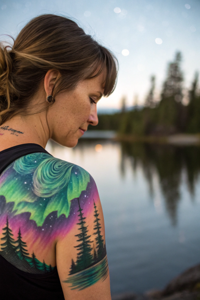 Wilderness Tattoo ideas for women: Aurora Borealis Over a Lake