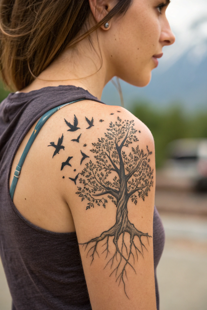 Wilderness Tattoo ideas for women: Tree of Life with Birds in Flight