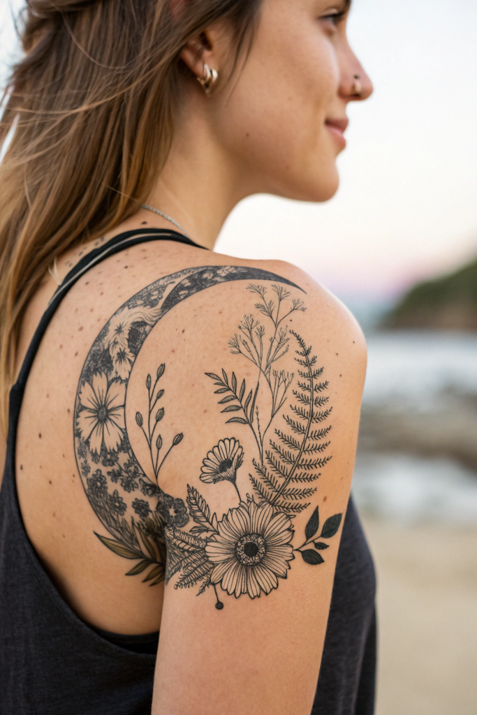 Wilderness Tattoo ideas for women: Crescent Moon with Wildflowers and Ferns