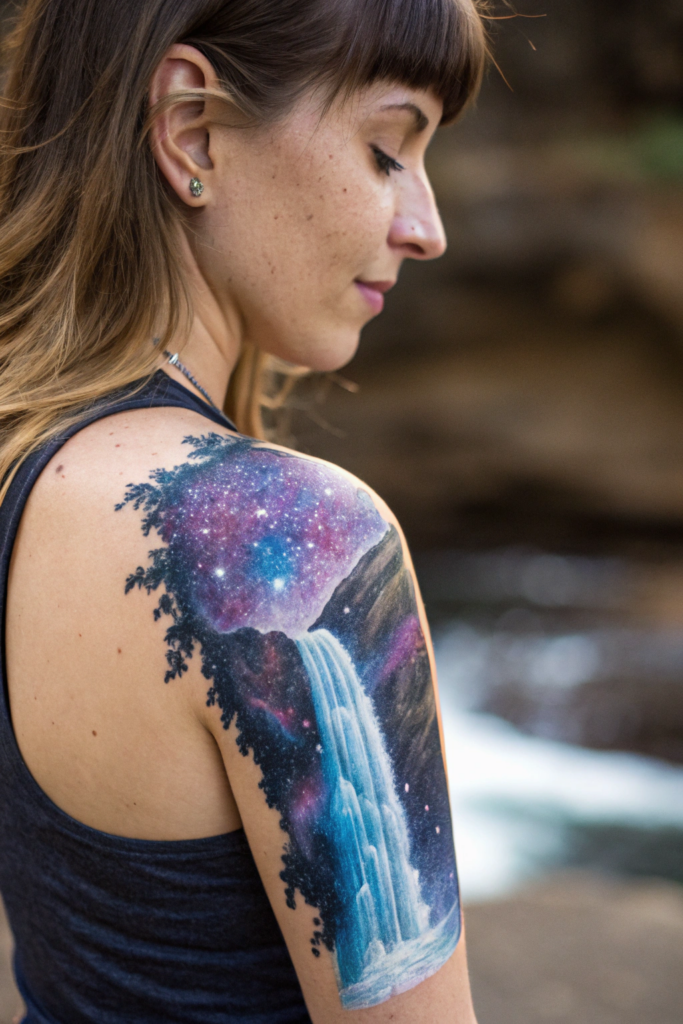 Wilderness Tattoo ideas for women: Waterfall Cascading into a Galaxy