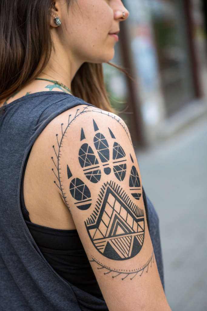 Wilderness Tattoo ideas for women: Bear Paw with Geometric Elements