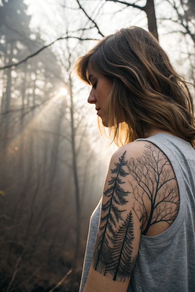 Wilderness Tattoo ideas for women: Foggy Forest with a Single Ray of Light