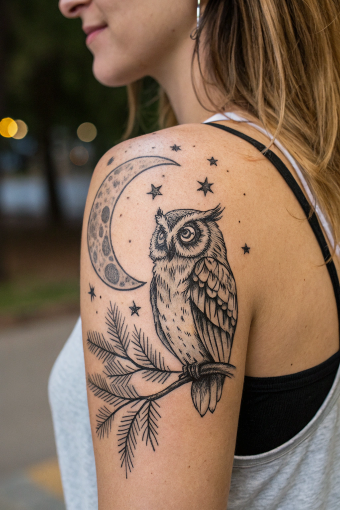 Wilderness Tattoo ideas for women: Owl Perched on a Crescent Moon