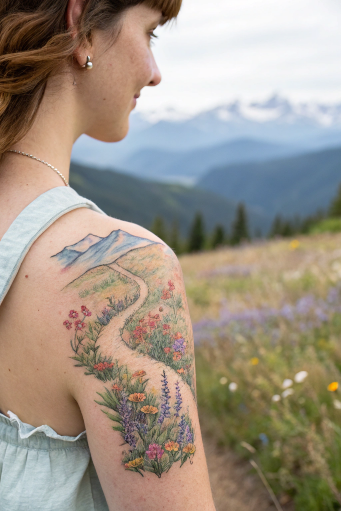 Wilderness Tattoo ideas for women: Winding Path Through a Meadow