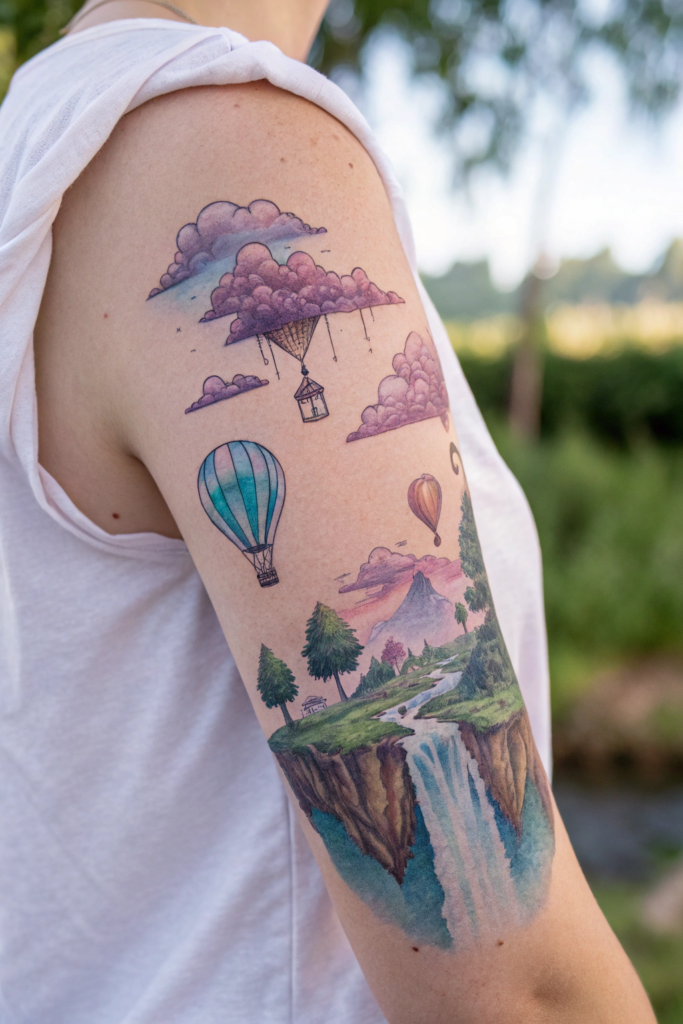 Half Arm Sleeve Tattoos Ideas: Surreal Dreamscape with Floating Islands