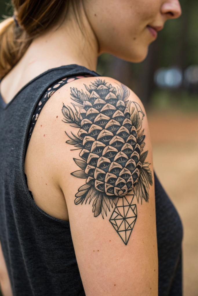 Wilderness Tattoo ideas for women: Pinecone with Geometric Patterns