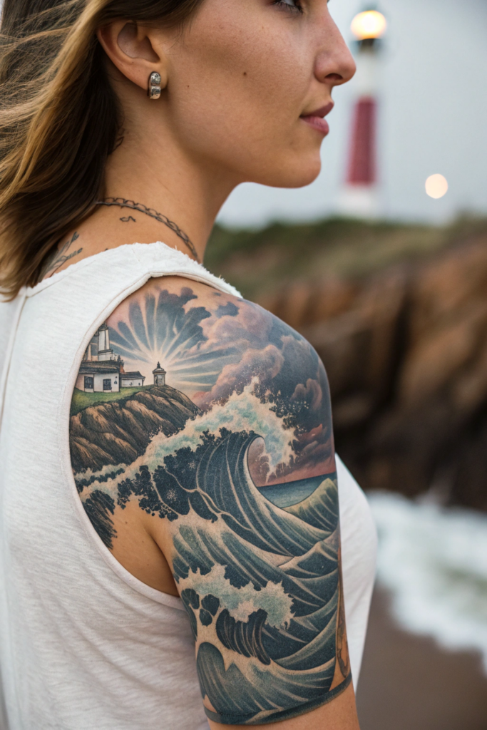 Wilderness Tattoo ideas for women: Stormy Ocean with a Lighthouse