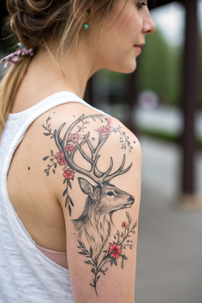 Wilderness Tattoo ideas for women: Deer with Antlers Made of Flowers