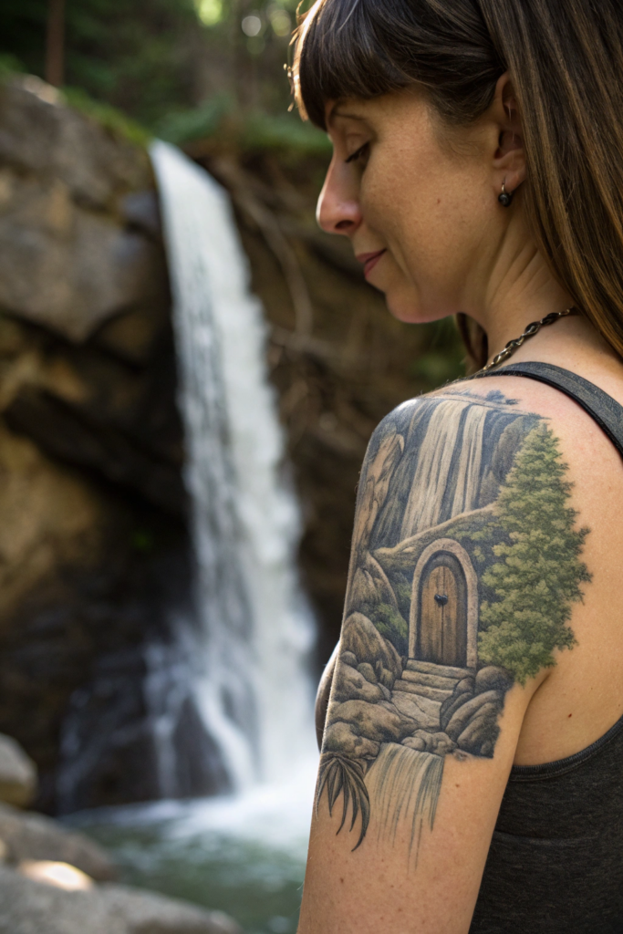 Wilderness Tattoo ideas for women: Waterfall with a Hidden Doorway