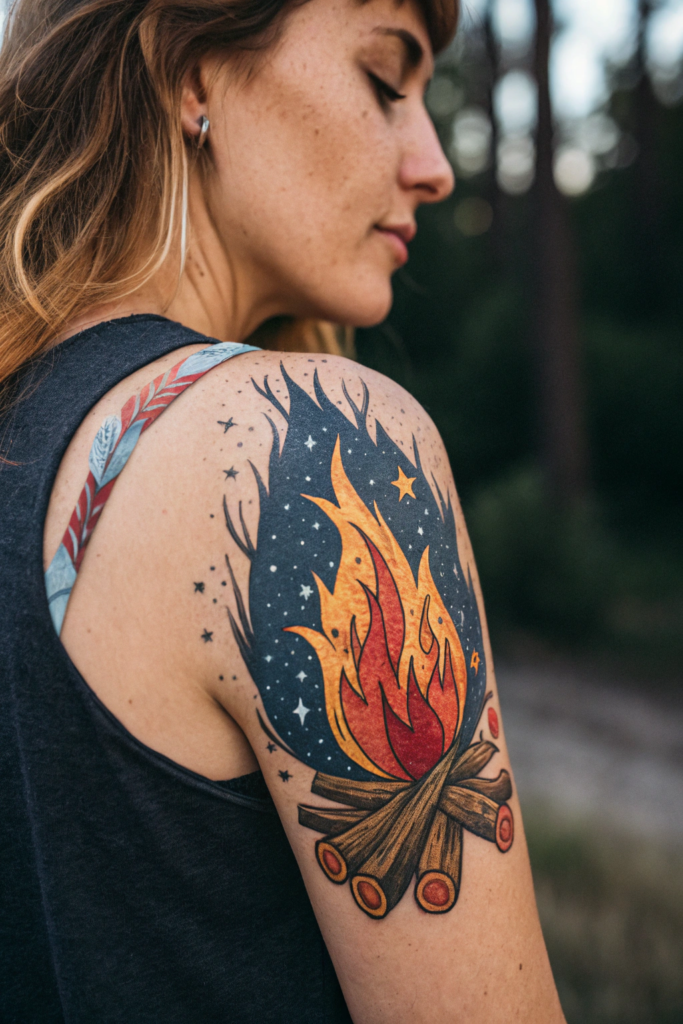 Wilderness Tattoo ideas for women: Campfire with Sparking Embers