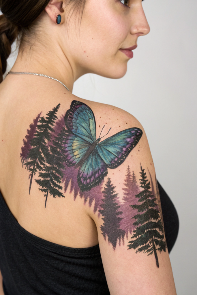 Wilderness Tattoo ideas for women: Butterfly Emerging from a Pine Forest