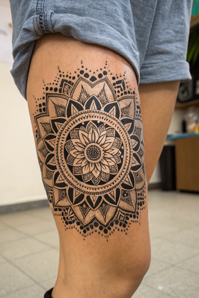 Knee Tattoo Ideas: Mandalic Symmetry: A Sacred Geometry Masterpiece