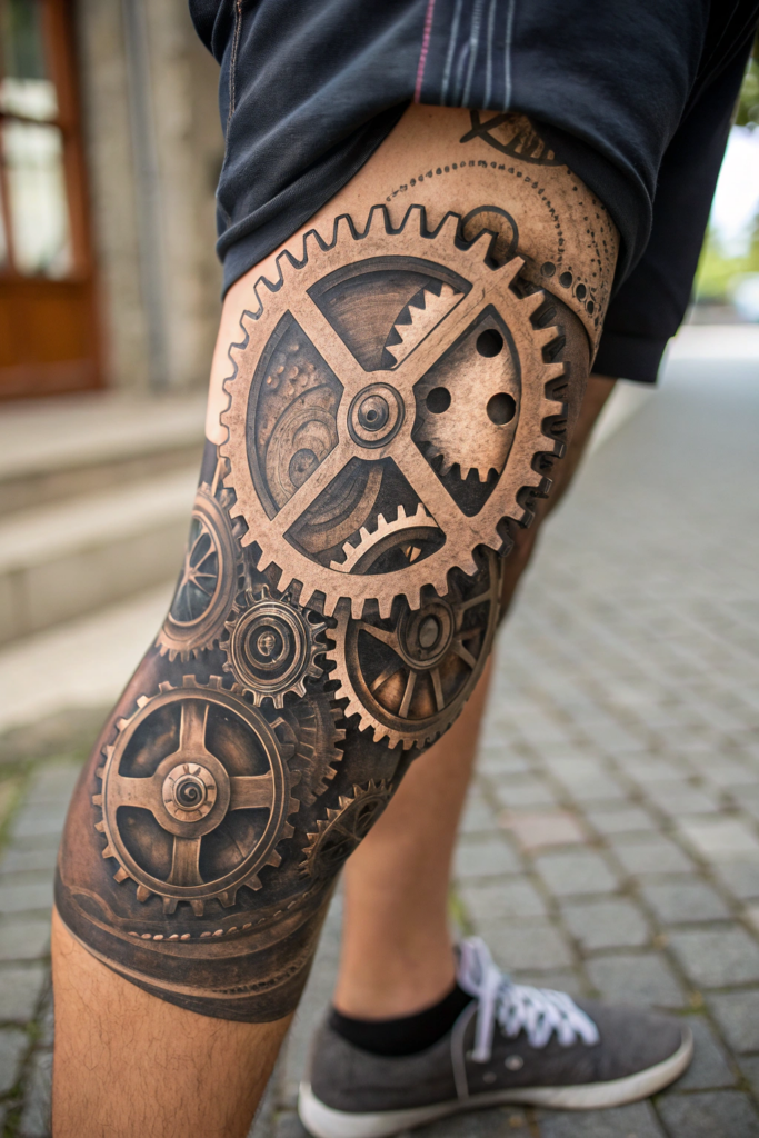 Knee Tattoo Ideas: Mechanical Gears: A Steampunk-Inspired Design