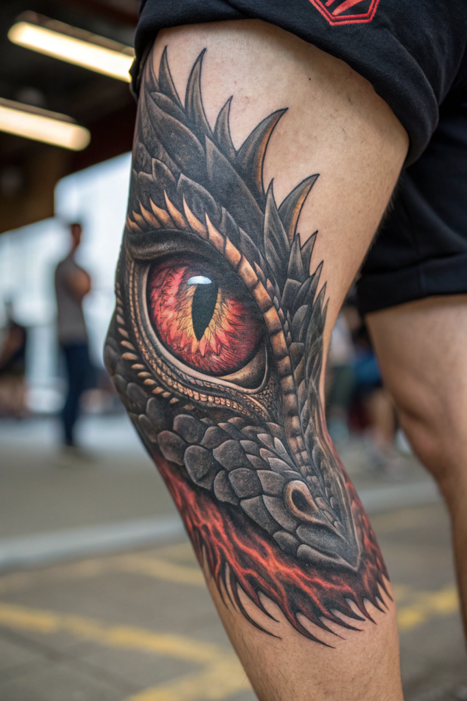 Knee Tattoo Ideas: Dragon’s Eye: A Mythical Guardian