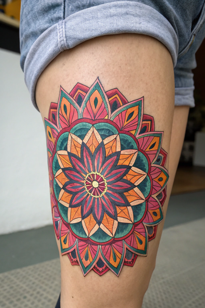 Knee Tattoo Ideas: Kaleidoscope Burst: A Colorful Explosion