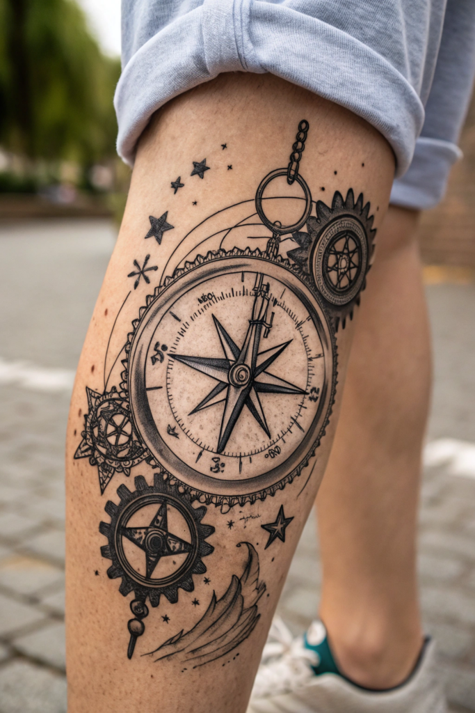 Knee Tattoo Ideas: Clockwork Compass: A Guide to Your Journey