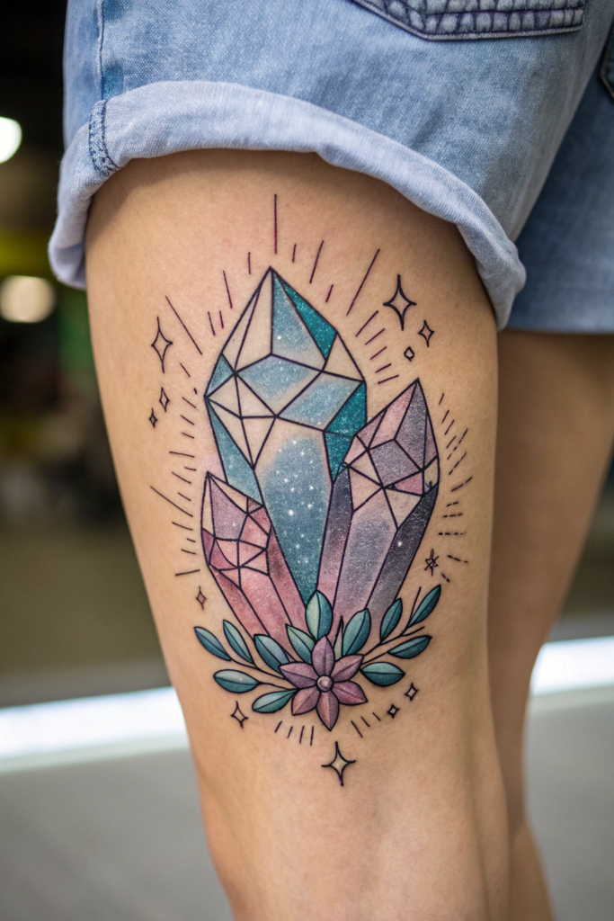 Knee Tattoo Ideas: Crystal Cluster: A Gemstone-Inspired Design