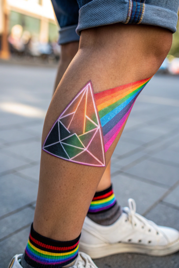 Knee Tattoo Ideas: Holographic Prism: A Rainbow Explosion