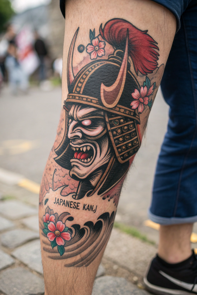 Knee Tattoo Ideas: Samurai Mask: A Warrior’s Spirit