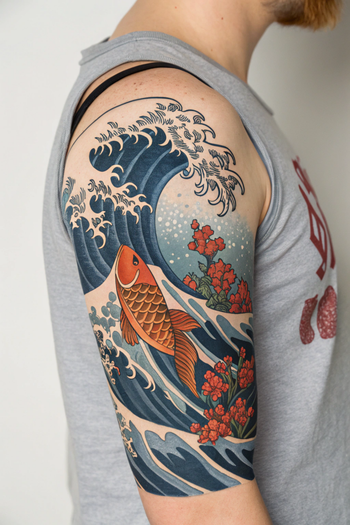 Half Arm Sleeve Tattoos Ideas: Ancient Japanese Wave with Koi Fish