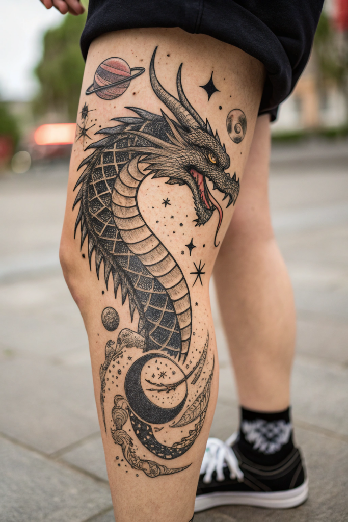 Knee Tattoo Ideas: Celestial Dragon: A Cosmic Creature