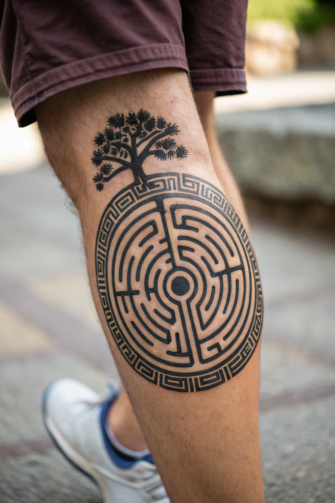 Knee Tattoo Ideas: Labyrinth: A Journey Within