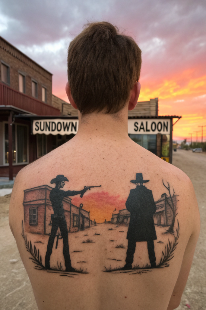 Old Western Tattoo Ideas: Sundown Saloon Duel Scene