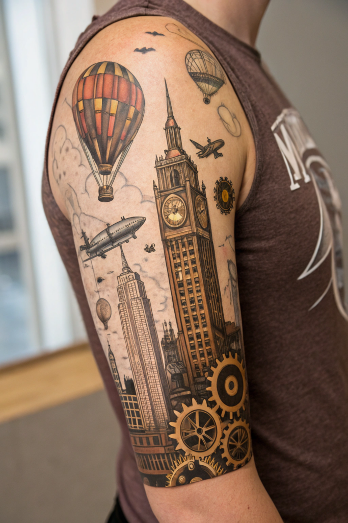 Half Arm Sleeve Tattoos Ideas: Steampunk Clockwork Cityscape