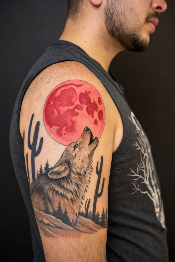 Old Western Tattoo Ideas: Cactus and Coyote Under a Blood Moon