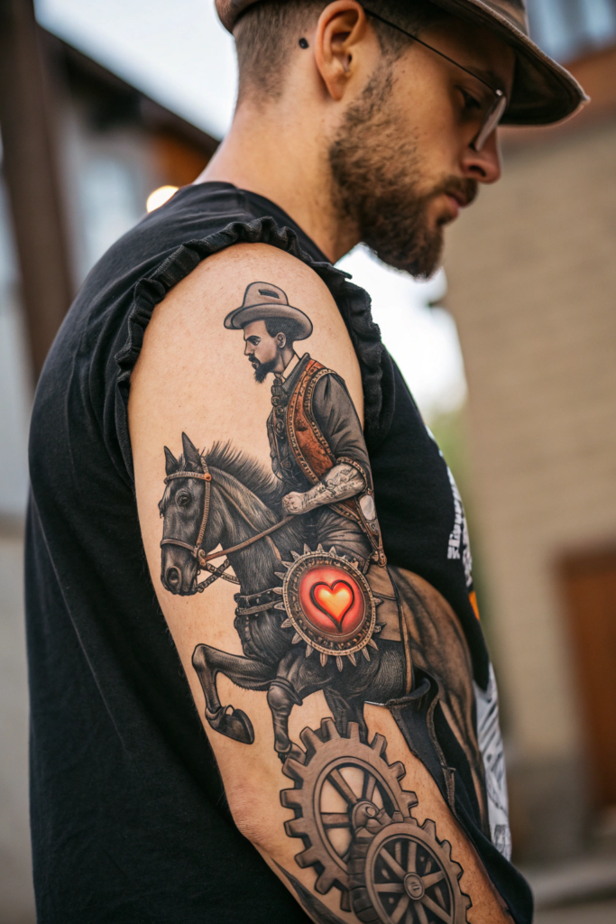 Old Western Tattoo Ideas: Steampunk Cowboy with Clockwork Horse