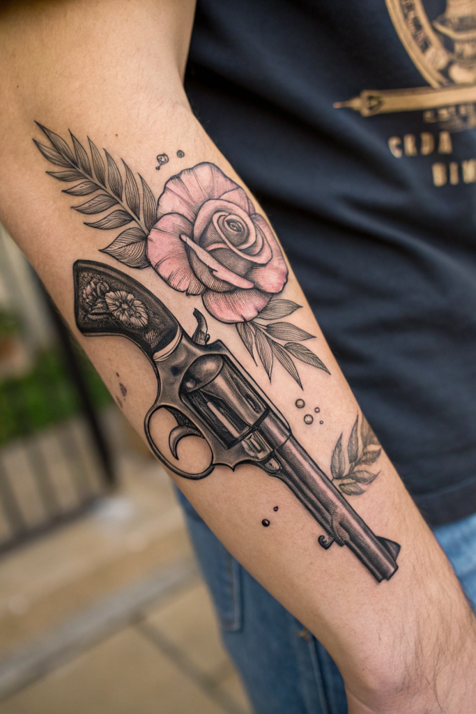 Old Western Tattoo Ideas: Desert Rose with Revolver