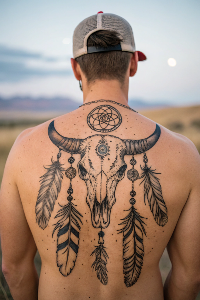 Old Western Tattoo Ideas: Buffalo Skull with Dreamcatcher