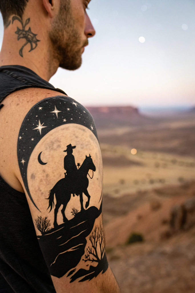 Old Western Tattoo Ideas: Lone Rider on a Cliff’s Edge