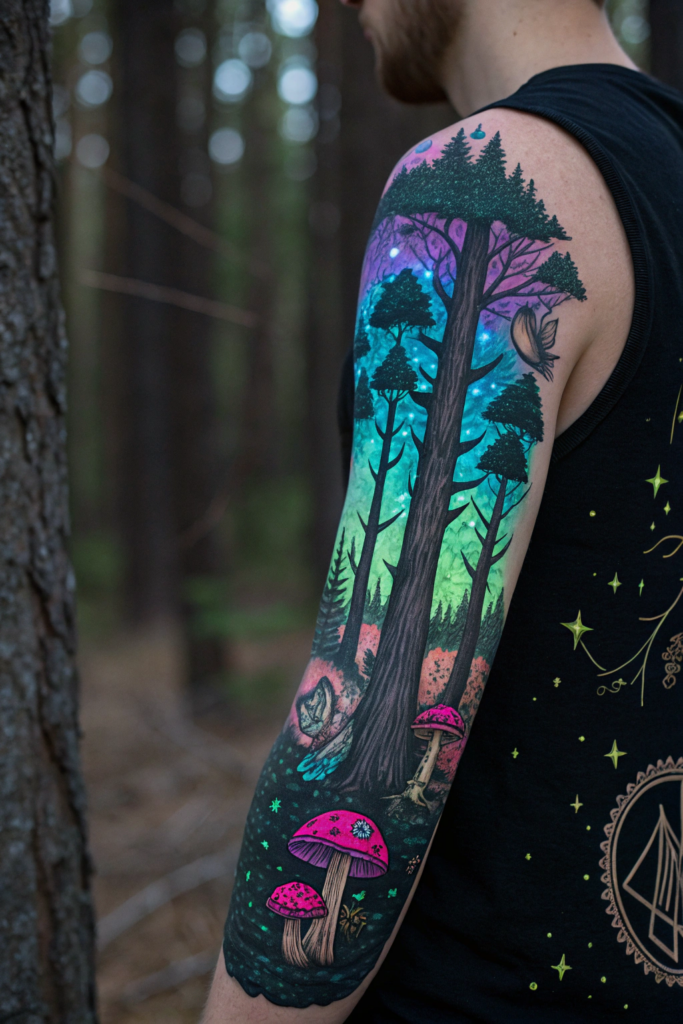 Half Arm Sleeve Tattoos Ideas: Mystical Forest with Glowing Creatures