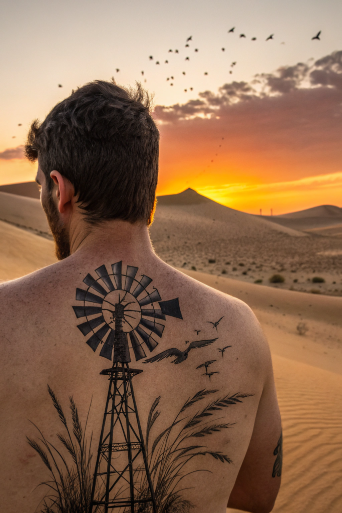 Old Western Tattoo Ideas: Rustic Windmill with Sunset Silhouette