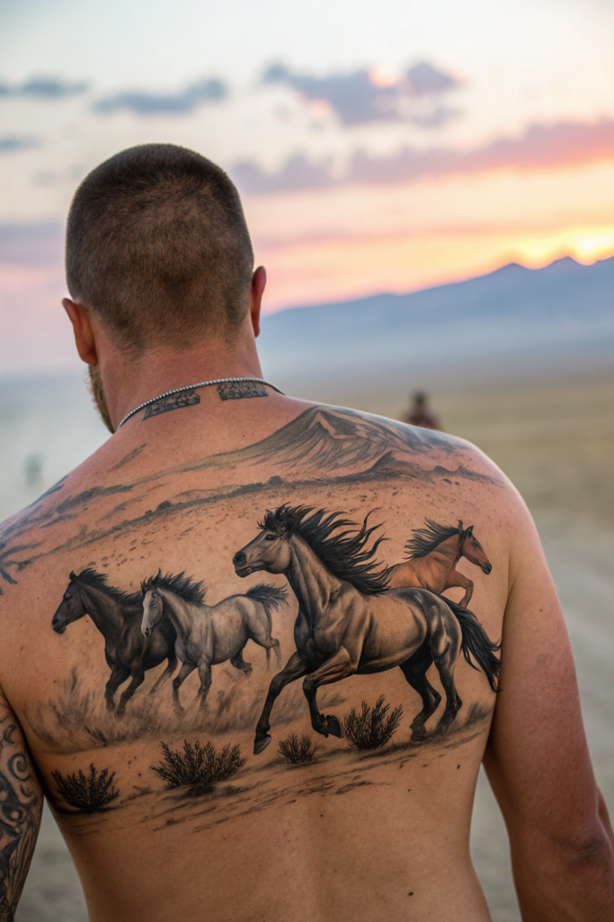 Old Western Tattoo Ideas: Stampede of Wild Mustangs