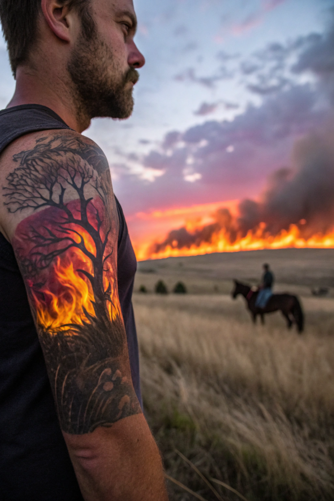 Old Western Tattoo Ideas: Prairie Fire at Dusk