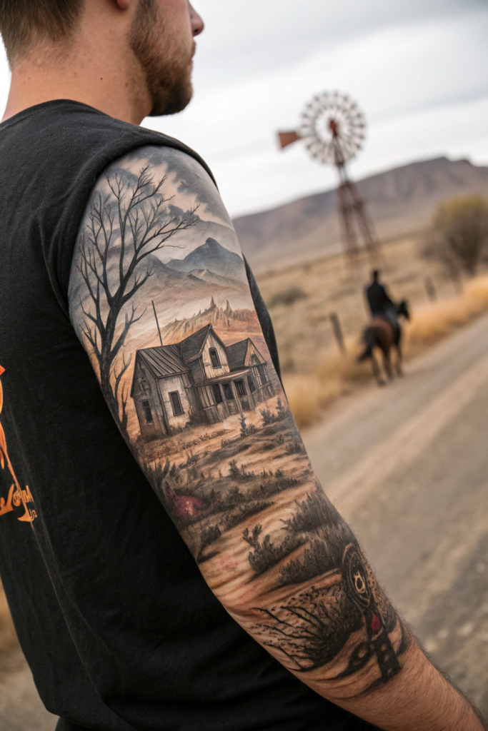 Old Western Tattoo Ideas: Ghost Town Panorama