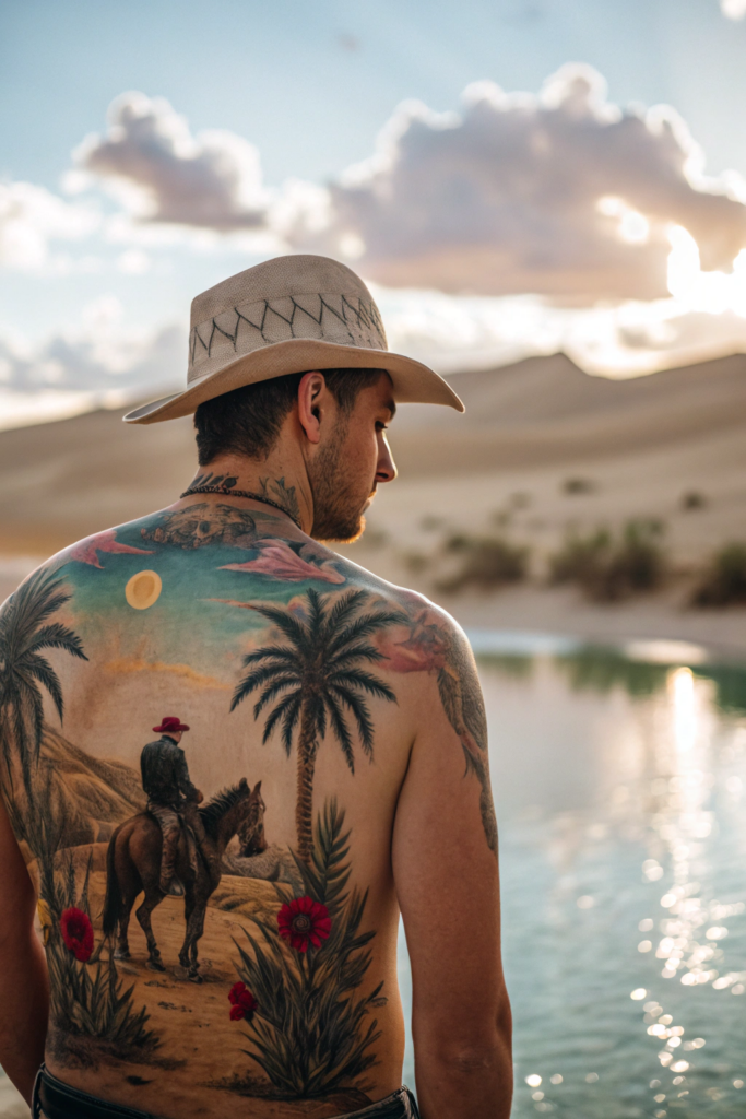 Old Western Tattoo Ideas: Desert Mirage with Oasis