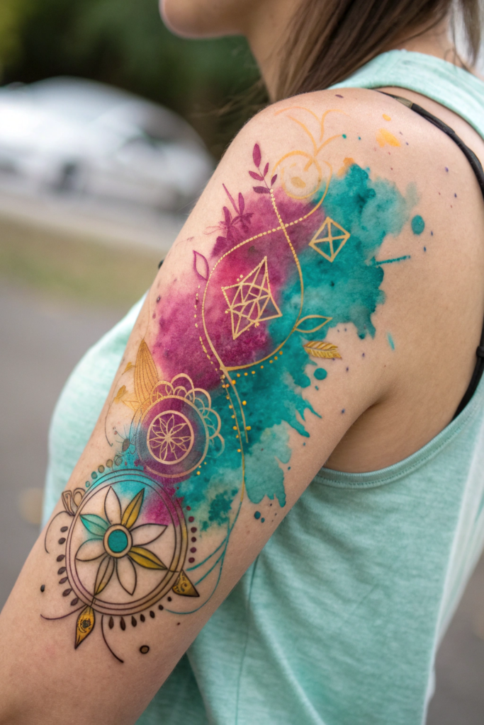 Half Arm Sleeve Tattoos Ideas: Abstract Watercolor Splash with Hidden Symbols