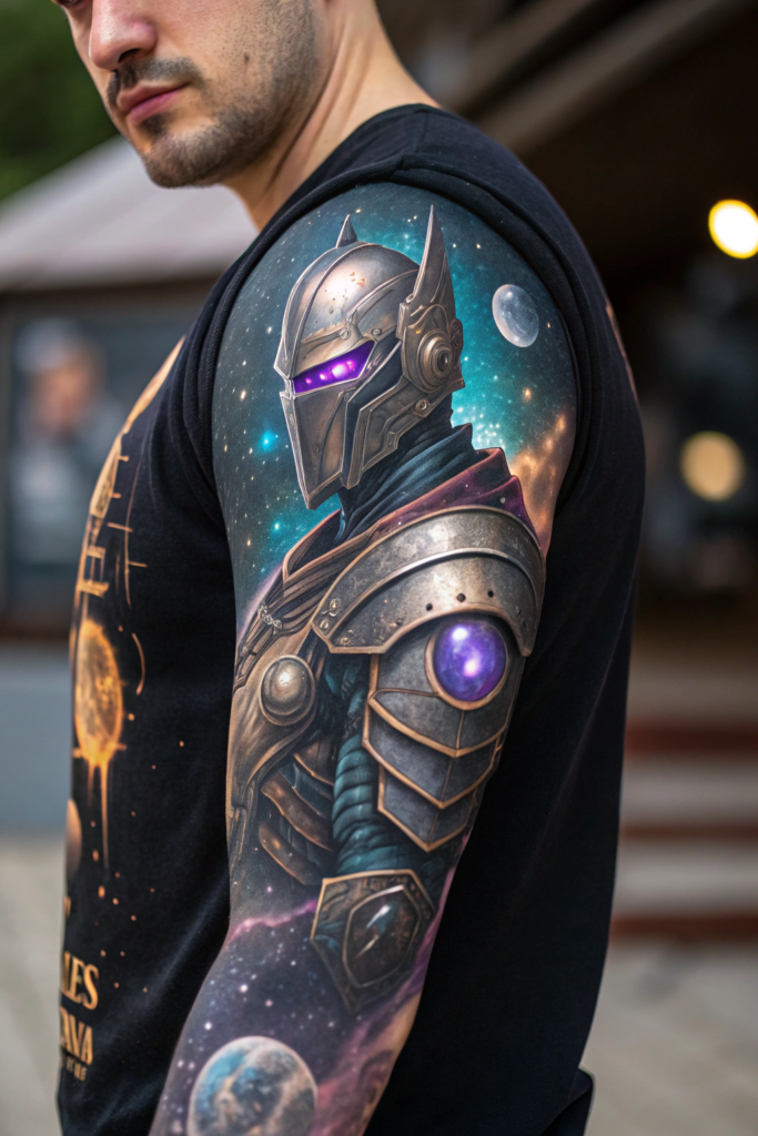 Half Arm Sleeve Tattoos Ideas: Galactic Warrior with Cosmic Armor