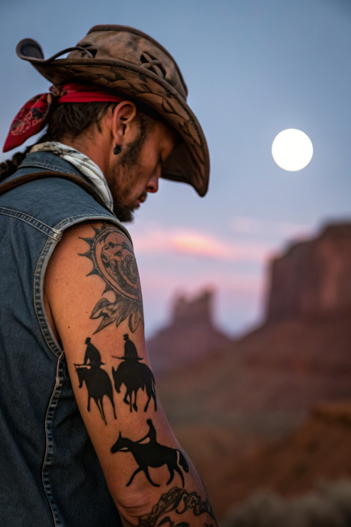 Old Western Tattoo Ideas: Rustler’s Moonlit Raid