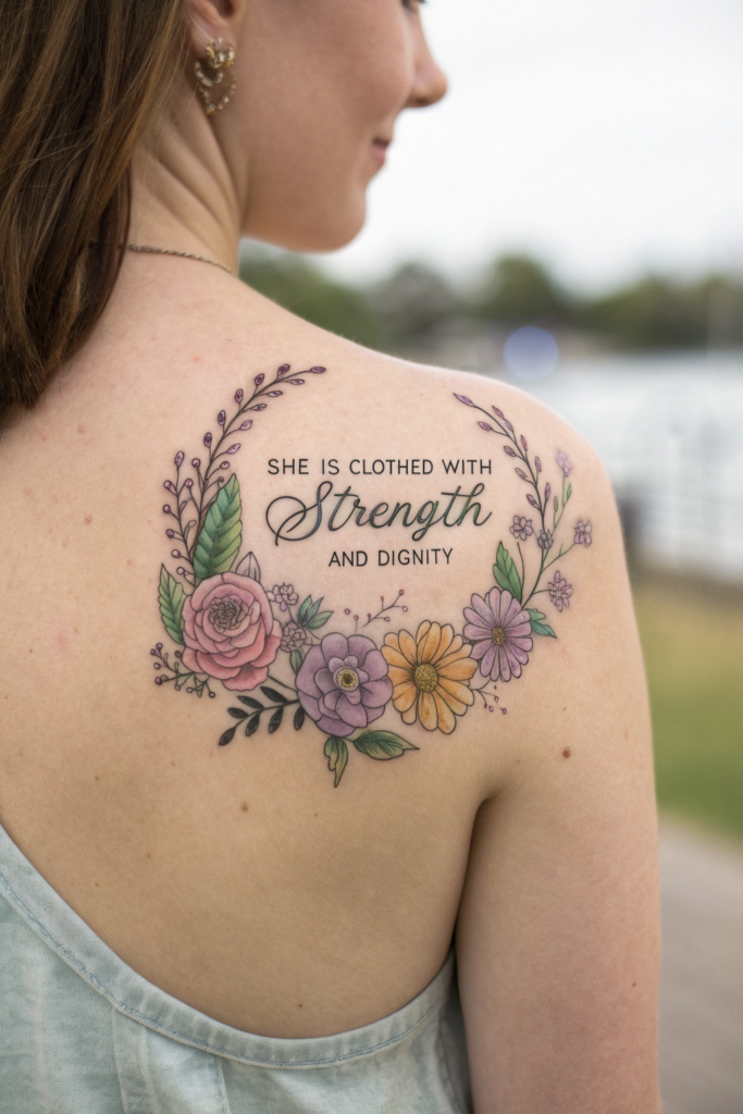 Christian Tattoos for Women Ideas: Scripture in a Floral Wreath